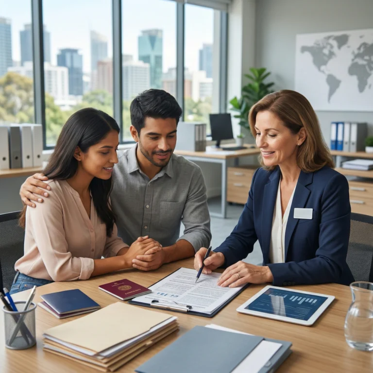 Assistência de imigração em uma reunião de consultoria, com profissionais ajudando um casal a entender processos de imigração internacional.