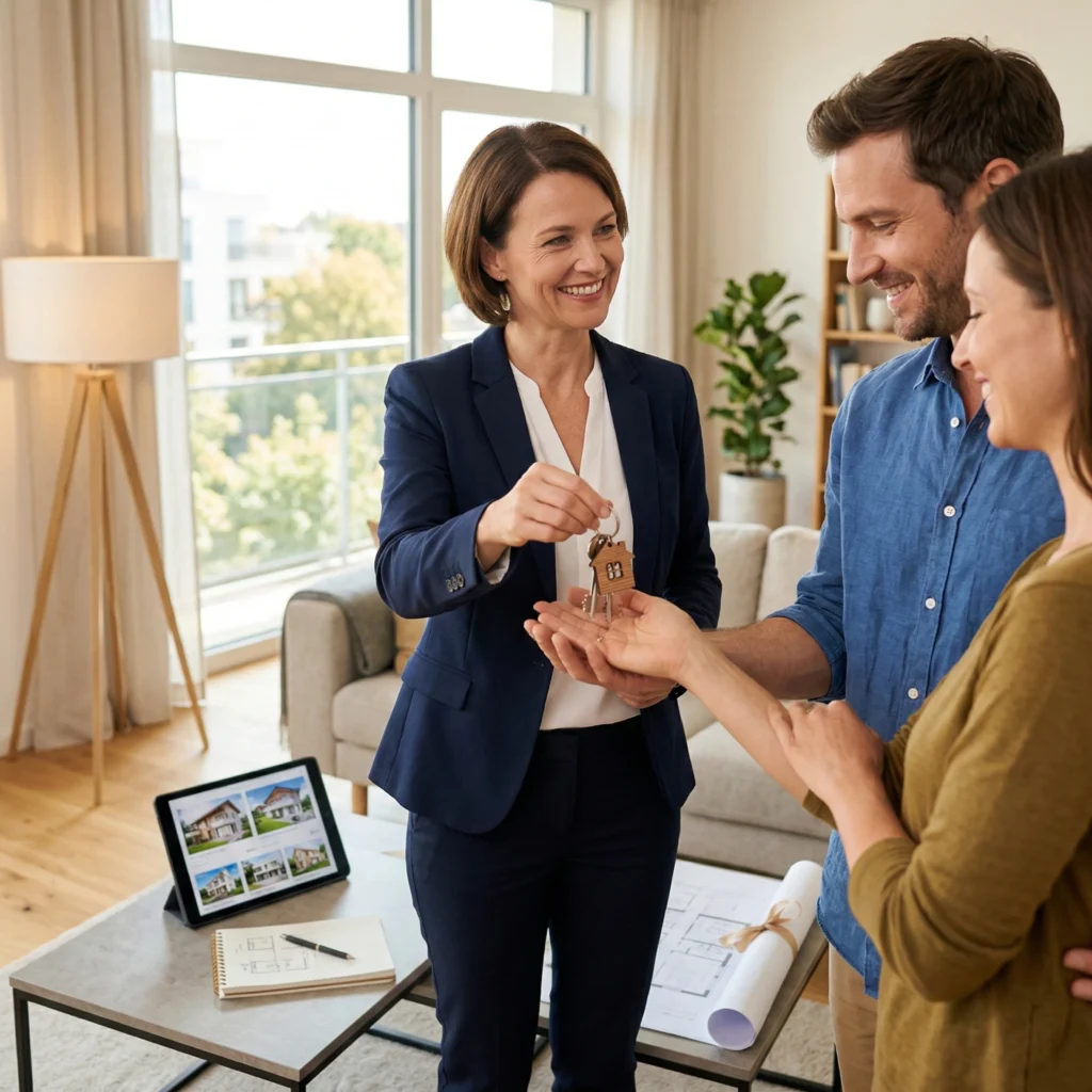 Agente imobiliária entregando chave de casa para casal interessado na busca por casas em apartamento moderno com janela grande e decoração acolhedora.