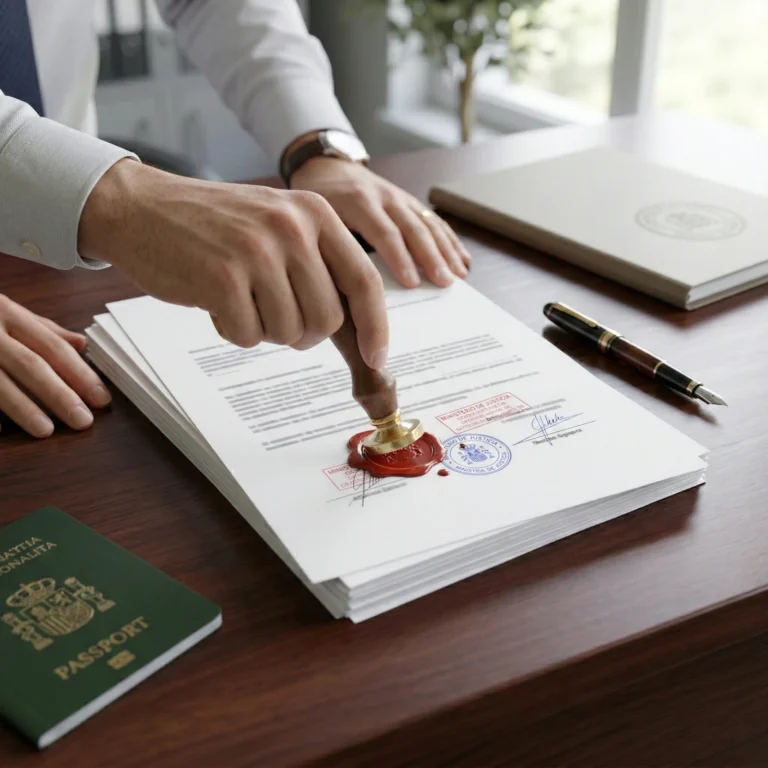Pessoa carimbando um certificado de antecedentes criminais em uma mesa de escritório com passaporte, computador e caneta.