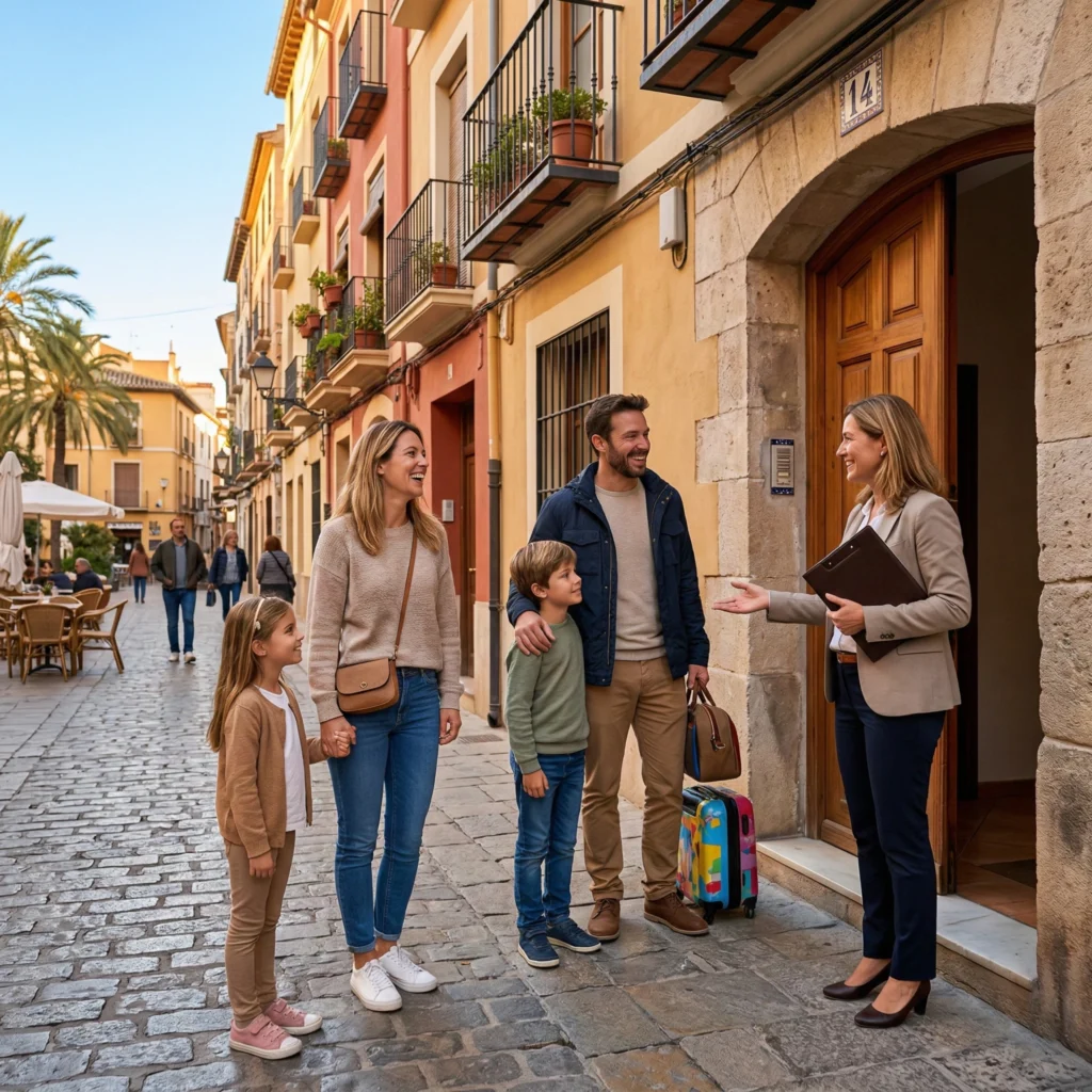 Família feliz na rua em Espanha recebendo orientações sobre serviços de realocação na Espanha por uma guia local.