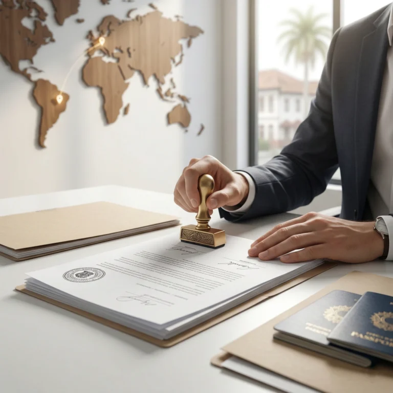 Pessoa carimbando documentos relacionados a legalizações e apostilas, escritório moderno com mapa-múndi decorativo ao fundo.