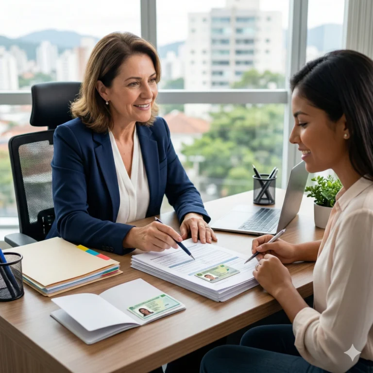 Mulher recebendo orientação de uma advogada sobre permissão de trabalho e residência em escritório de advocacia.