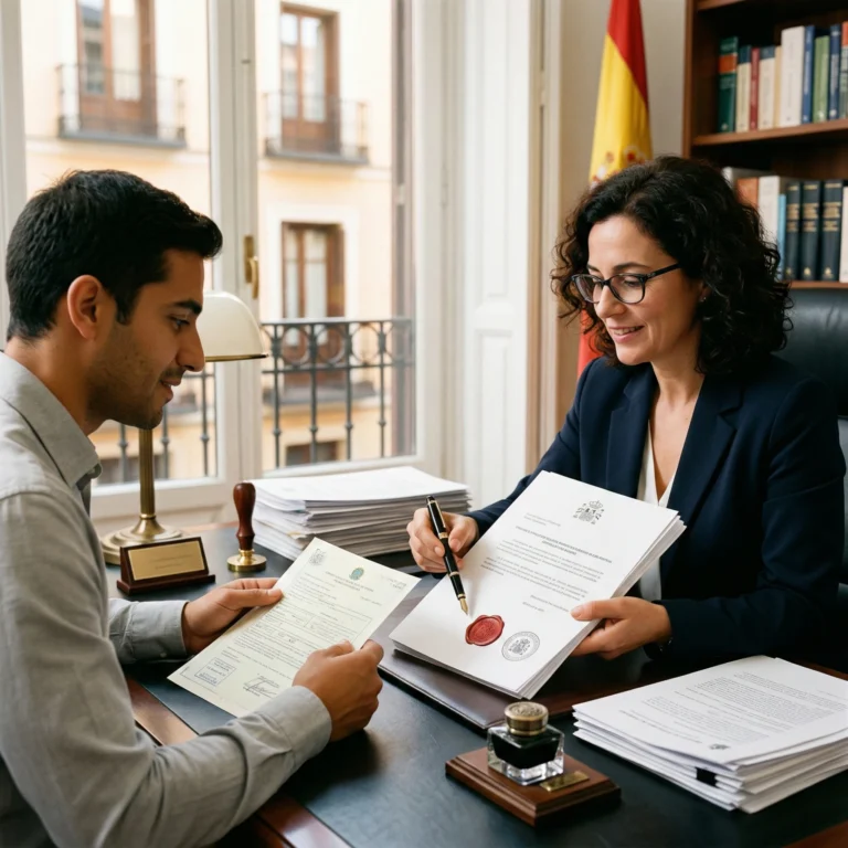 Profissional entregando uma tradução juramentada para um cliente em escritório, com documentos, livros e bandeira espanhola ao fundo.
