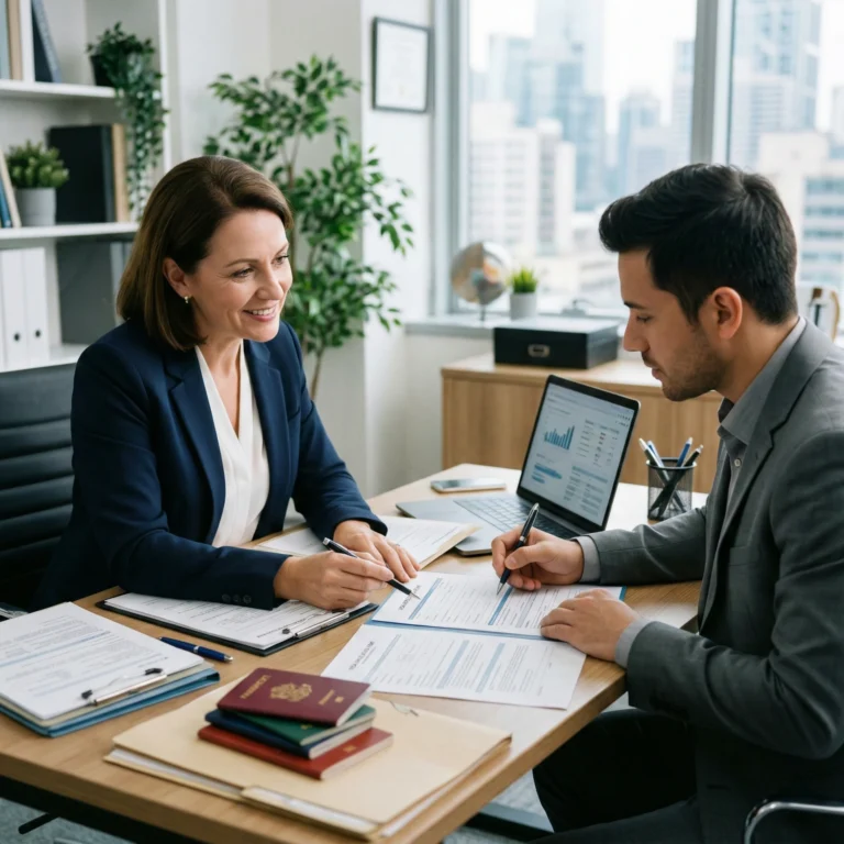 Mulher e homem em uma entrevista de vistos de trabalho e de negócios, conversando em um escritório com vista para a cidade, documentos e laptop na mesa.