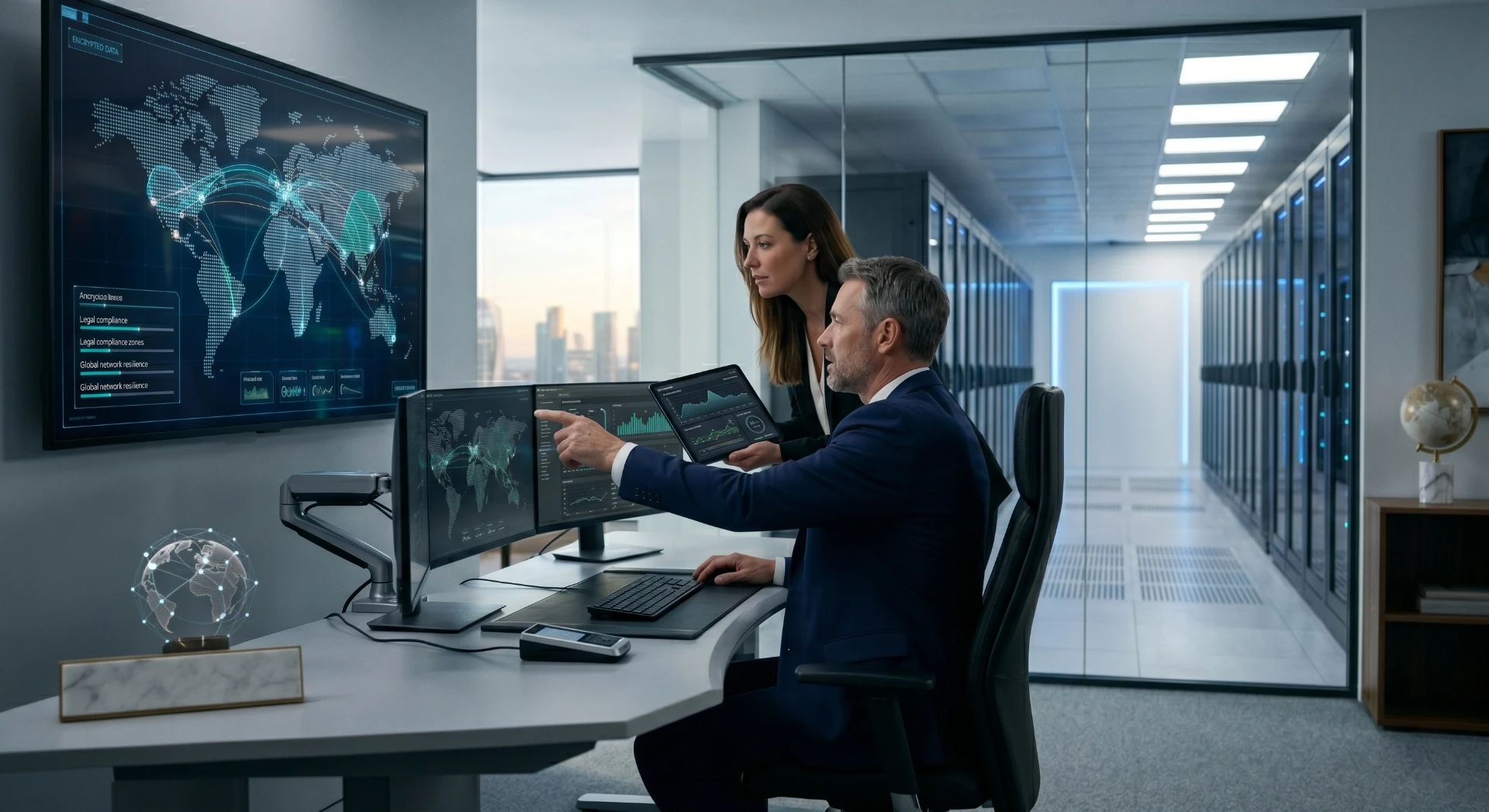 Engenheiro e analista em escritório corporativo analisando mapas e dados globais em monitores, com tecnologia de informação e gráficos no sistema em uma central de operações.