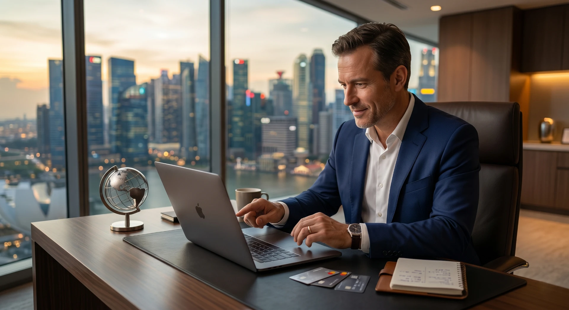 Executivo em escritório moderno com vista panorâmica da cidade, usando um notebook enquanto analisa pagamentos no celular e consulta um planejamento em caderno sobre a mesa