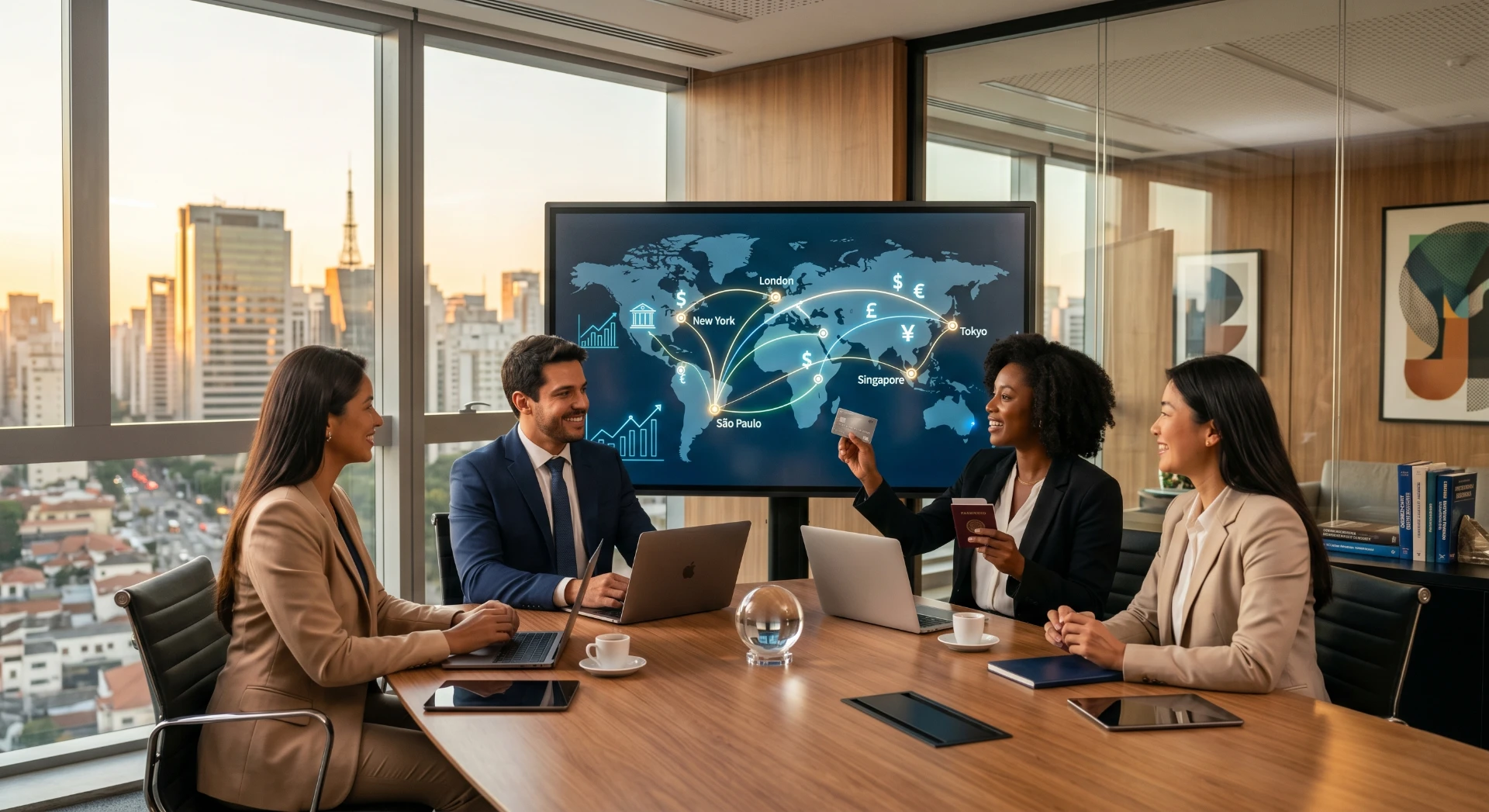Reunião em sala executiva com equipe de negócios ao redor de uma mesa, discutindo estratégias enquanto apontam para um mapa-múndi em um monitor na parede e usam notebooks. Ao fundo, janelas com vista da cidade ao pôr do sol.